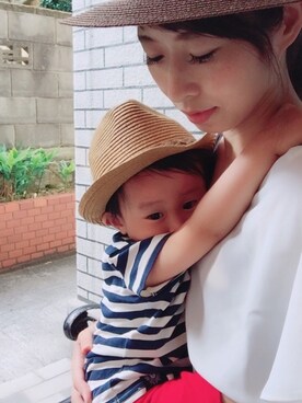 「PLAIN CLOTHING（プレーンクロージング）のアイテム（ハット）」を使った、Co-msさん（キッズ・80cm）の夏コーディネート
