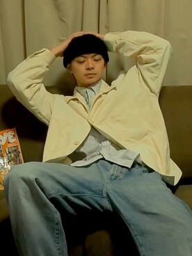 「GU（ジーユー）のアイテム（ノーカラージャケット）」を使った、にさん（メンズ・180cm）の冬コーディネート