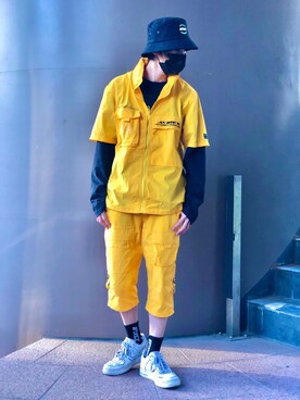 「アイテム（カーゴパンツ、イエロー系）」を使った、ふく。さん（メンズ・175cm）の春コーディネート