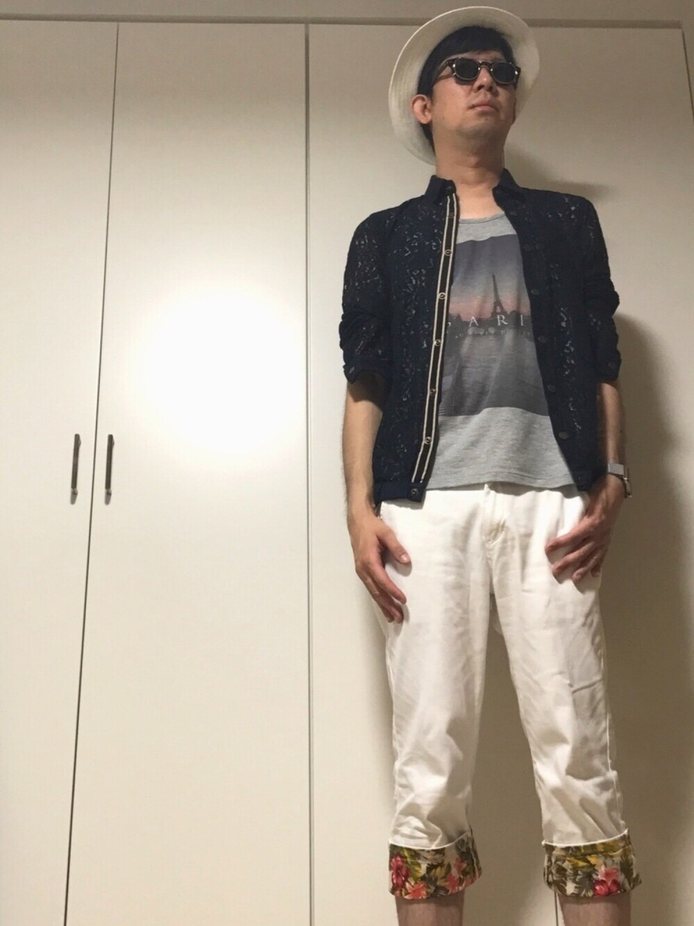 「夏、大人カジュアル、summer、ootd、レースシャツ、ハーフパンツ」｜「BorsalinoのBORSALINO × AMERICAN RAG CIE サーモハット（ハット、ホワイト系）」を使った、ささやんさん（メンズ・180cm）の夏コーディネートの1枚目の写真