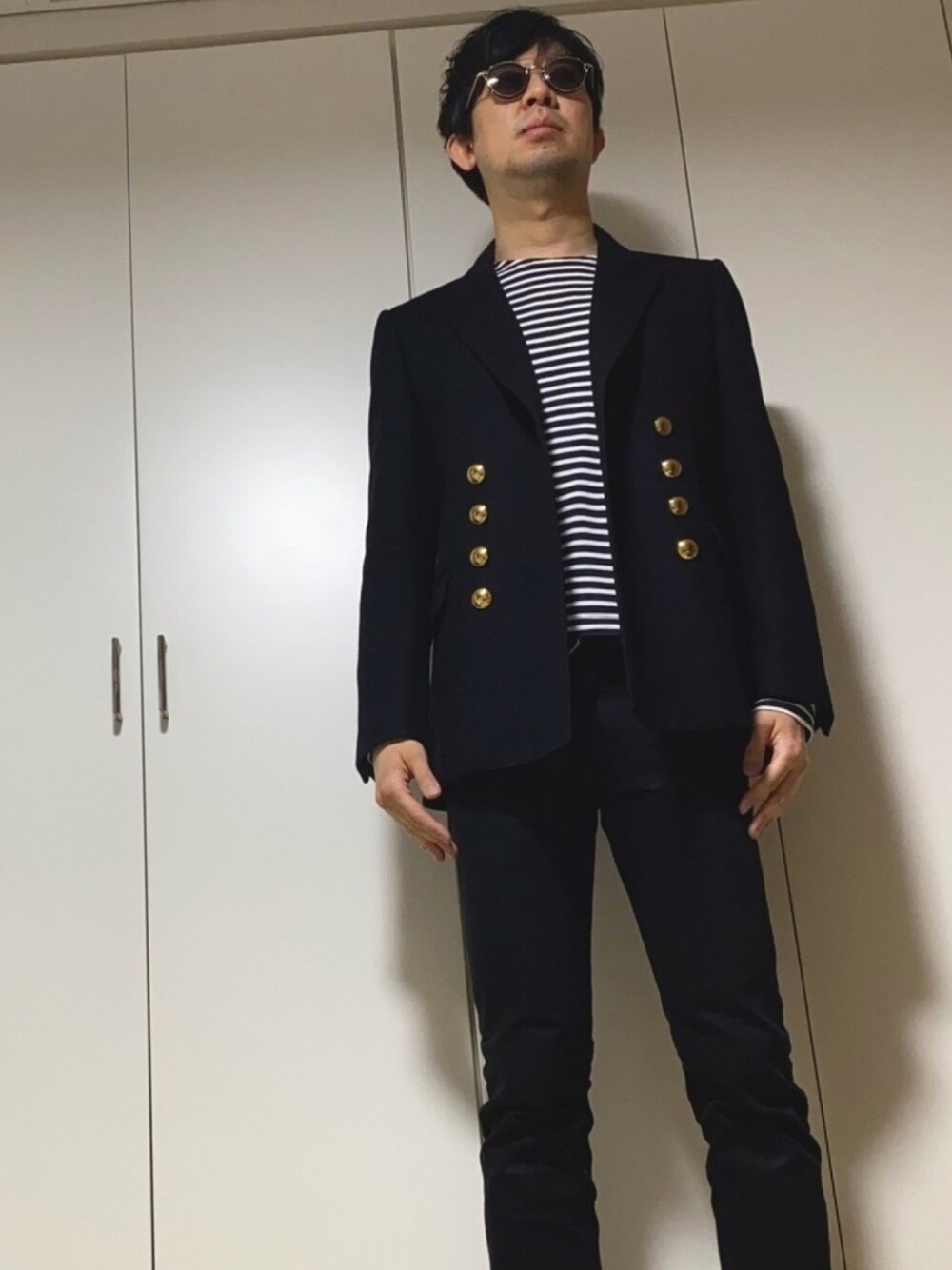 「ジャケット、ジャケットスタイル、ブラックデニム、モード、キレイめ、春、春コーデ、CELINE、ootd、お洒落さんとつながりたい」｜「OLIVER PEOPLESの505 （メガネ、ブラック系）」を使った、ささやんさん（メンズ・180cm）の春コーディネートの1枚目の写真