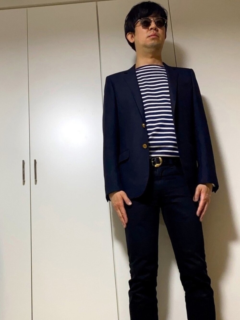 「大人カジュアル、春コーデ、春、シンプルコーデ、ジャケット、ボーダー、デニム、おしゃれさんと繋がりたい、いいね、save、フォローお願いします🤑、ネイビー」｜「OLIVER PEOPLESの505 （メガネ、ブラック系）」を使った、ささやんさん（メンズ・180cm）の春コーディネートの1枚目の写真