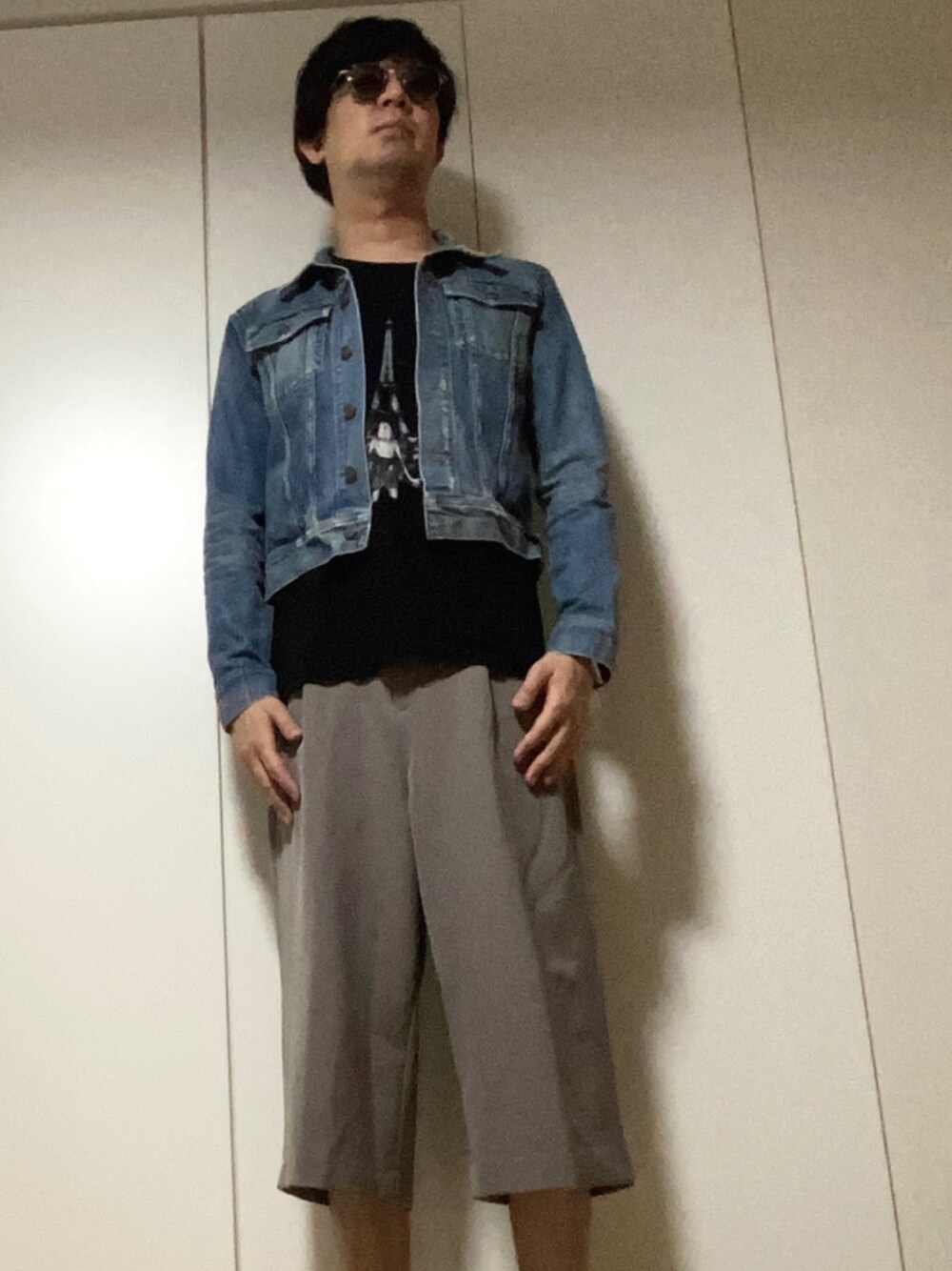 「Gジャン、デニム、ガウチョパンツ、今日のコーデ、秋のコーデ、オトナカジュアル、カジュアルコーデ、お洒落さんとつながりたい、いいね、save、フォローお願いします🤑、秋のマイ旬スタイル」｜「OLIVER PEOPLESの505 （メガネ、ブラック系）」を使った、ささやんさん（メンズ・180cm）の秋コーディネートの1枚目の写真