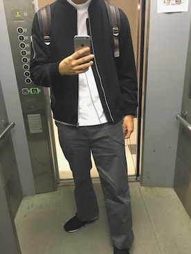 「ジーユー」｜「アイテム（MA-1）」を使った、プチプラですわーさん（メンズ・182cm）の秋コーディネート