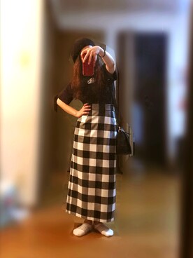 「FRAMeWORK（フレームワーク）のブロックチェックタイトスカート◆（スカート、ブラック系）」を使った、さくたろさん（レディース）の夏コーディネート