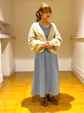 「ケーブルカーディガン」｜「アイテム（ワンピース/ドレス）」を使った、せりさん（レディース・154cm）の秋コーディネート
