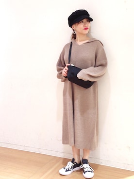 「ブラウン×ブラック」｜「アイテム（ワンピース/ドレス）」を使った、せりさん（レディース・154cm）の秋コーディネート