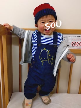 「Moujonjon（ムージョンジョン）のアイテム（パーカー）」を使った、＊sou＊さん（キッズ・70cm）の冬コーディネート