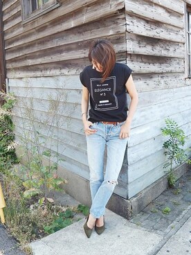 「アイテム（Tシャツ/カットソー、ブラック系）」を使った、sariさん（レディース・159cm）の夏コーディネート
