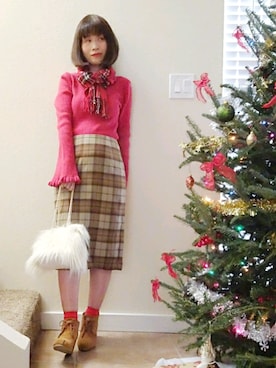 「チェックマフラー」｜「アイテム（ブーティ）」を使った、Megchuさん（レディース・155cm）の冬コーディネート