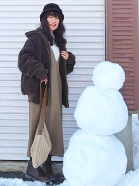 「ケーブルニット」｜「アイテム（ジャンパースカート）」を使った、Megchuさん（レディース・155cm）の秋コーディネート