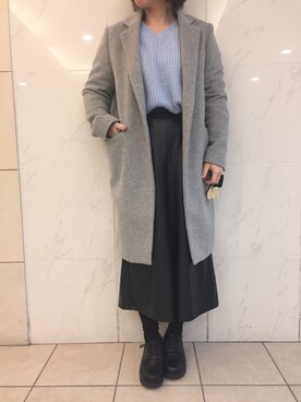 「ブルーニット」｜「アイテム（チェスターコート）」を使った、みのこさん（レディース・153cm）の春コーディネート