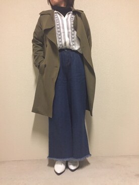 「フリンジデニム」｜「アイテム（トレンチコート）」を使った、みのこさん（レディース・153cm）の春コーディネート