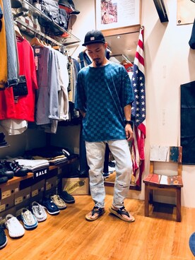 「TOPO DESIGNS（トポデザインズ）のアイテム（キャップ）」を使った、Chijiさん（メンズ・171cm）の夏コーディネート