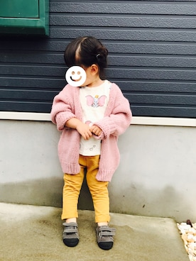 「マスタードイエロー」｜どんさんさん（キッズ・80cm）の秋コーディネート