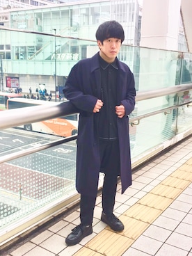 「FACTOTUM（ファクトタム）のアイテム（ステンカラーコート）」を使った、バムさん（メンズ・171cm）の冬コーディネート