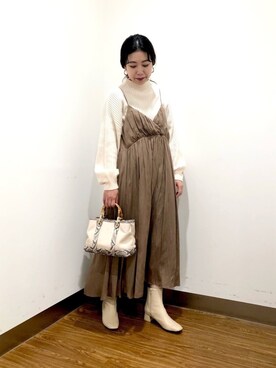 「URBAN RESEARCH（アーバンリサーチ）のヴィンテージサテンBACKリボンキャミソールワンピース（ワンピース）」を使った、sakaiさん（レディース・160cm）の冬コーディネート