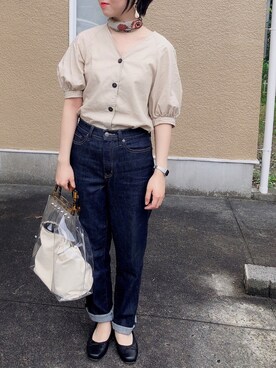 「UNIQLO（ユニクロ）のアイテム（デニムパンツ、ブラック系）」を使った、ぱんださん（レディース）の夏コーディネート