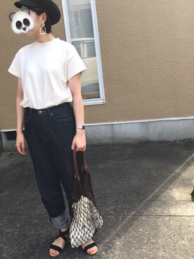 「UNIQLO（ユニクロ）のアイテム（デニムパンツ、ブラック系）」を使った、ぱんださん（レディース）の夏コーディネート