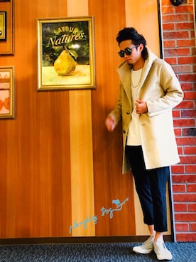 「海」｜「アイテム（ムートンコート）」を使った、kidさん（メンズ・178cm）の秋コーディネート