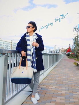 「海」｜「アイテム（ダッフルコート）」を使った、kidさん（メンズ・178cm）の冬コーディネート