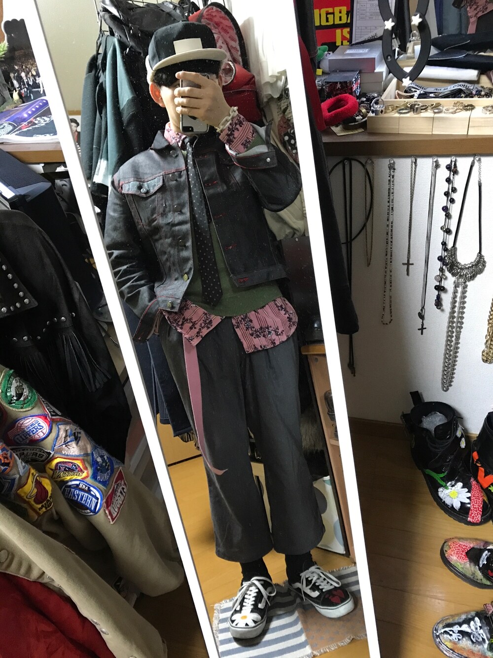 「お洒落さんとつながりたい、ootd、古着、冬、ネクタイ、デニムジャケット、VANS」｜「VANSのVANS ヴァンズ OLD SKOOL オールドスクール V36CL CVS BLACK（スニーカー、ブラック系）」を使った、shin_@さん（メンズ・170cm）の冬コーディネートの1枚目の写真
