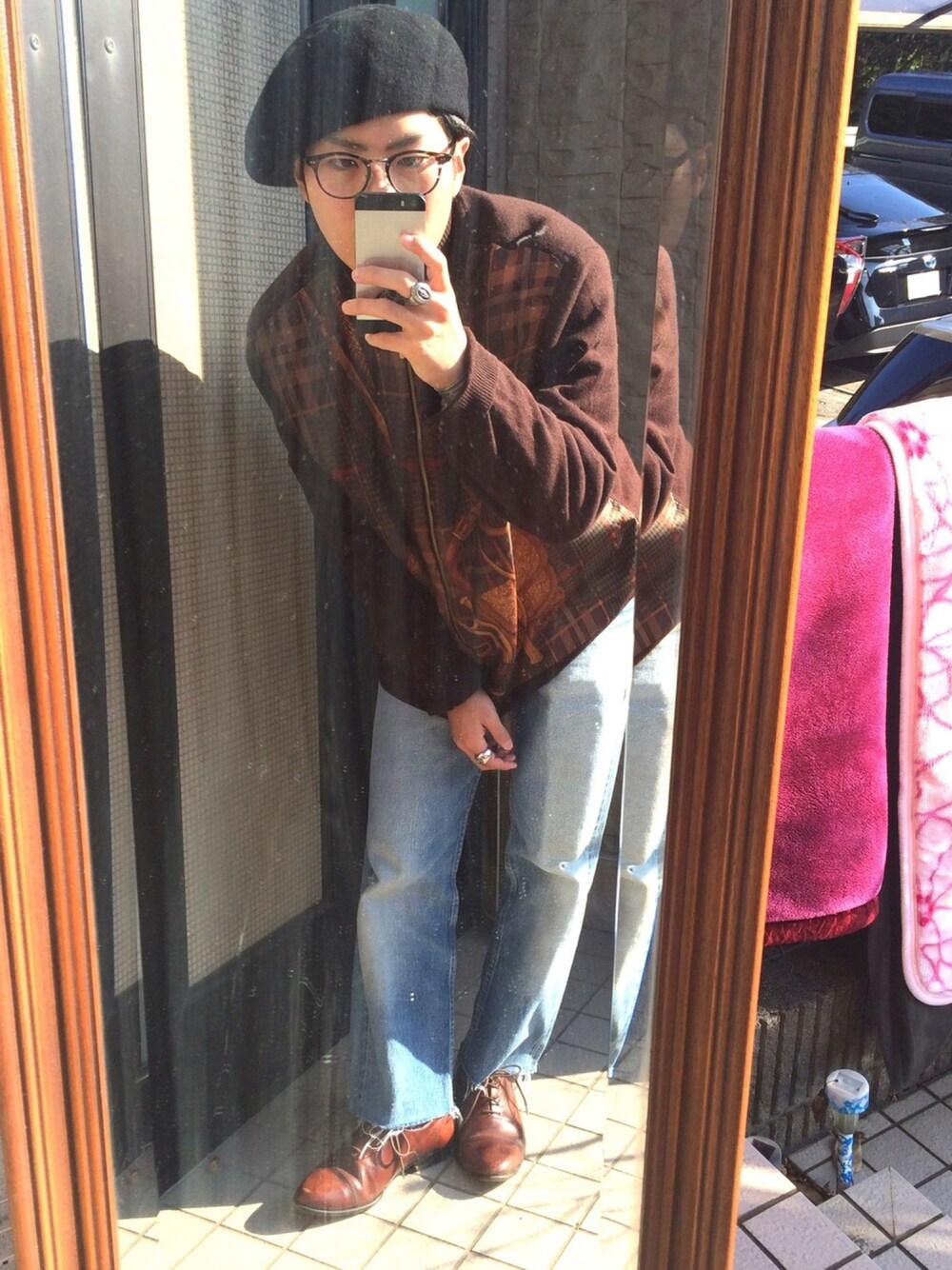 「古着オンリー、初古着ジーンズ、3日目」｜「RALPH LAURENのアイテム（ジャケット/アウター、ブラウン系）」を使った、あさん（メンズ・160cm）の冬コーディネートの1枚目の写真