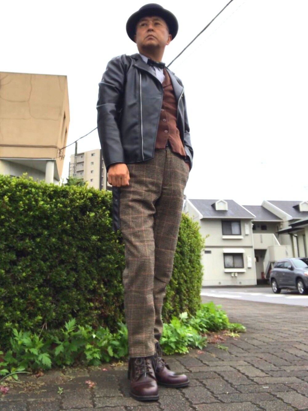 「トラッド、ダブルライダース、ポークパイハット、蝶タイ、眼鏡男子」｜「オールザットデニムのアイテム（その他、その他）」を使った、でゑさん（メンズ・175cm）の秋コーディネートの1枚目の写真