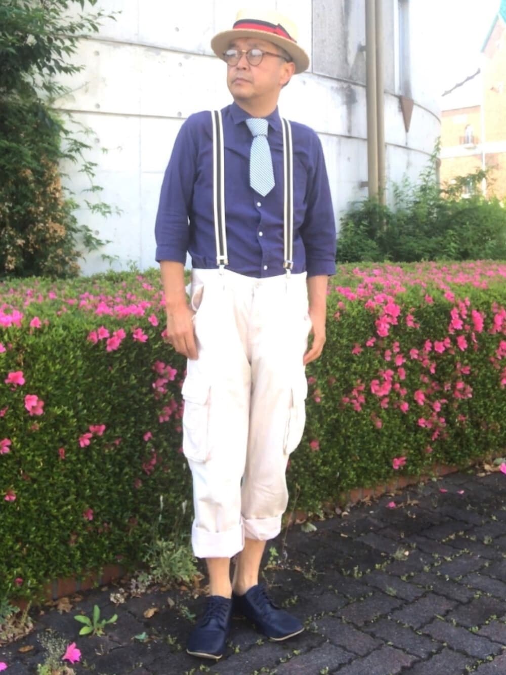 「トラッド、7分袖、カンカン帽、カーゴパンツ、ネクタイ」｜「ありがとう！トラッド総合1位、2位、3位のアイテム（その他、その他）」を使った、でゑさん（メンズ・175cm）の夏コーディネートの1枚目の写真
