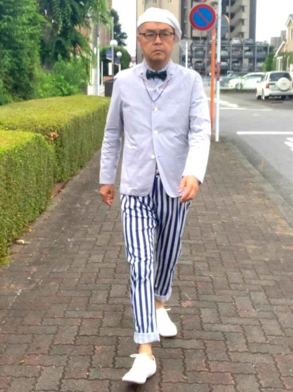 「トラッド、モッズ、ハンチング、蝶タイ、ネックレス」｜「ジャケット＆ネックレスのアイテム（ネックレス、その他）」を使った、でゑさん（メンズ・175cm）の夏コーディネートの1枚目の写真