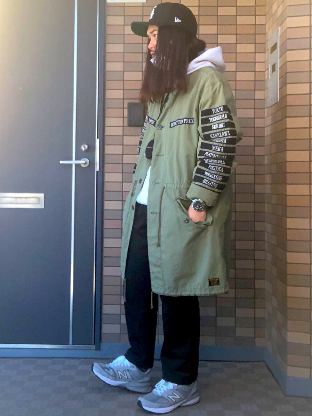 「New Balance、NEIGHBORHOOD、BEAMS、military」｜「NEIGHBORHOODのアイテム（ミリタリージャケット、グリーン系）」を使った、モンモンさん（メンズ・170cm）の秋コーディネートの1枚目の写真