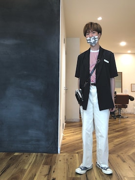 「American Apparel（アメリカンアパレル）のアイテム（Tシャツ/カットソー、レッド系）」を使った、shinchanaさん（メンズ・175cm）の夏コーディネート