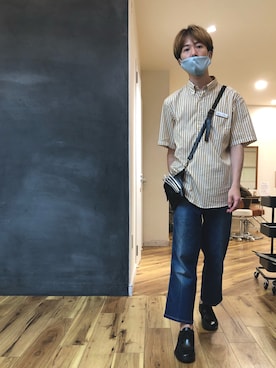 「UNIQLO（ユニクロ）のエクストラファインコットンブロードストライププルオーバーシャツ（ボタンダウン・半袖）（シャツ/ブラウス、イエロー系）」を使った、shinchanaさん（メンズ・175cm）の夏コーディネート