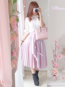 「one after another NICE CLAUP（ワンアフターアナザーナイスクラップ）のプリーツ加工プチハイレーストップス（Tシャツ/カットソー）」を使った、美月 ♡⃜ 𝑚𝑒𝑖𝑦𝑢𝑒さん（レディース・150cm）の春コーディネート