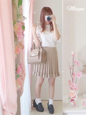 「one after another NICE CLAUP（ワンアフターアナザーナイスクラップ）のプリーツ加工プチハイレーストップス（Tシャツ/カットソー）」を使った、美月 ♡⃜ 𝑚𝑒𝑖𝑦𝑢𝑒さん（レディース・150cm）の春コーディネート