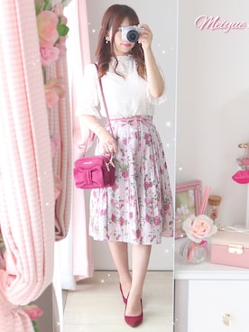 「one after another NICE CLAUP（ワンアフターアナザーナイスクラップ）のプリーツ加工プチハイレーストップス（Tシャツ/カットソー）」を使った、美月 ♡⃜ 𝑚𝑒𝑖𝑦𝑢𝑒さん（レディース・150cm）の夏コーディネート