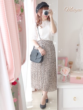 「one after another NICE CLAUP（ワンアフターアナザーナイスクラップ）のプリーツ加工プチハイレーストップス（Tシャツ/カットソー）」を使った、美月 ♡⃜ 𝑚𝑒𝑖𝑦𝑢𝑒さん（レディース・150cm）の夏コーディネート