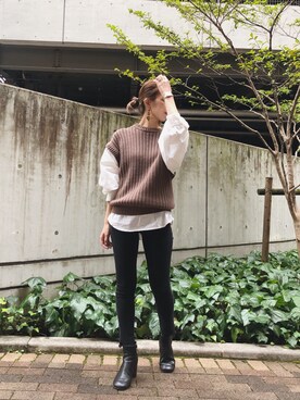 「シャツニット」｜福本 茉以さん（レディース・160cm）の秋コーディネート