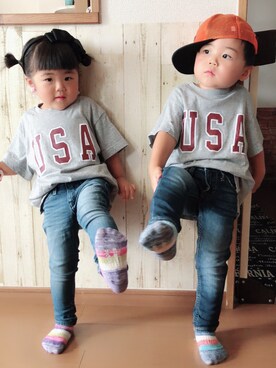 「USA」｜「アイテム（キャップ）」を使った、hanetoraさん（キッズ・90cm）の秋コーディネート