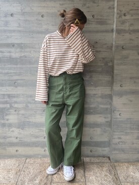 「DHOLIC（ディーホリック）のボーダーボクシーフィットTシャツ（Tシャツ/カットソー）」を使った、MaKiさん（レディース・160cm）の春コーディネート
