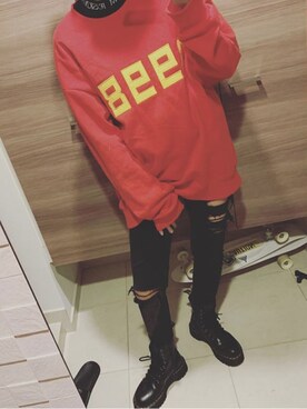 「American Eagle（アメリカンイーグル）のアイテム（デニムパンツ、ブラック系）」を使った、nakkさん（レディース・165cm）の冬コーディネート