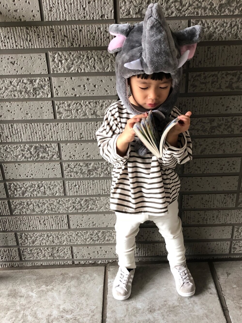 「wearhalloween2018、おとこのこ、ボーダー、韓国子供服、ゾウコーデ、ゾウさん、ポケモン男子」｜「gunoのアイテム（Tシャツ/カットソー、ホワイト系）」を使った、*Amane𓃰*さん（キッズ・90cm）の秋コーディネートの1枚目の写真