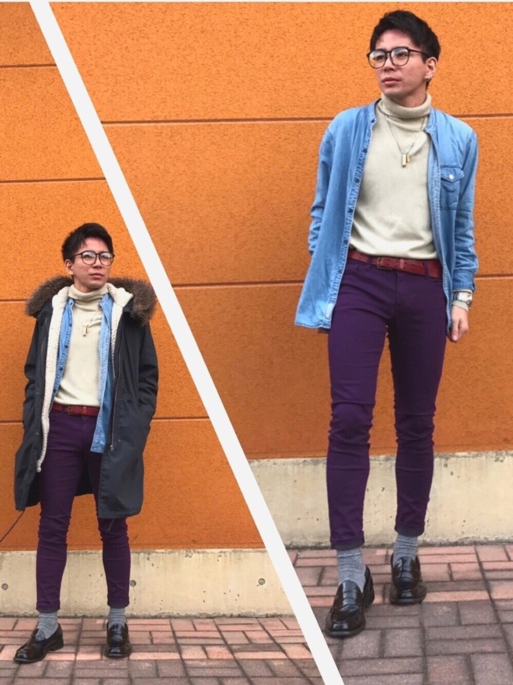 パープル系のその他パンツ、ベージュ系のその他トップス、ブルー系のシャツ/ブラウスを着用したメンズの冬コーディネートの1枚目の写真