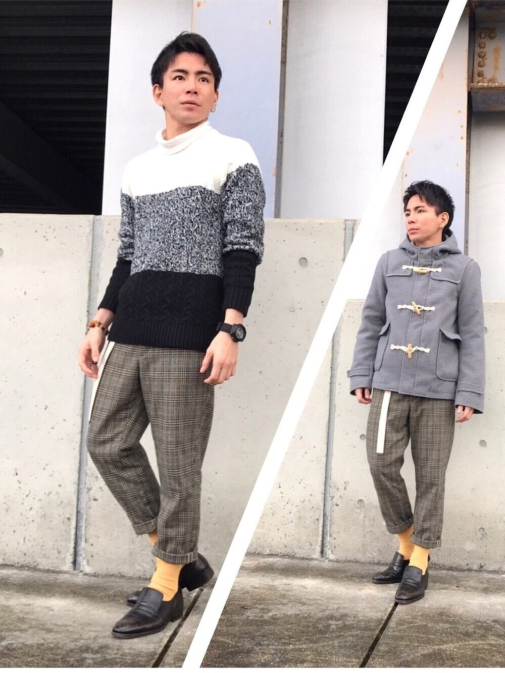 ホワイト系のニット/セーター、ホワイト系のその他トップス、ベージュ系のその他パンツを着用したメンズの冬コーディネートの1枚目の写真