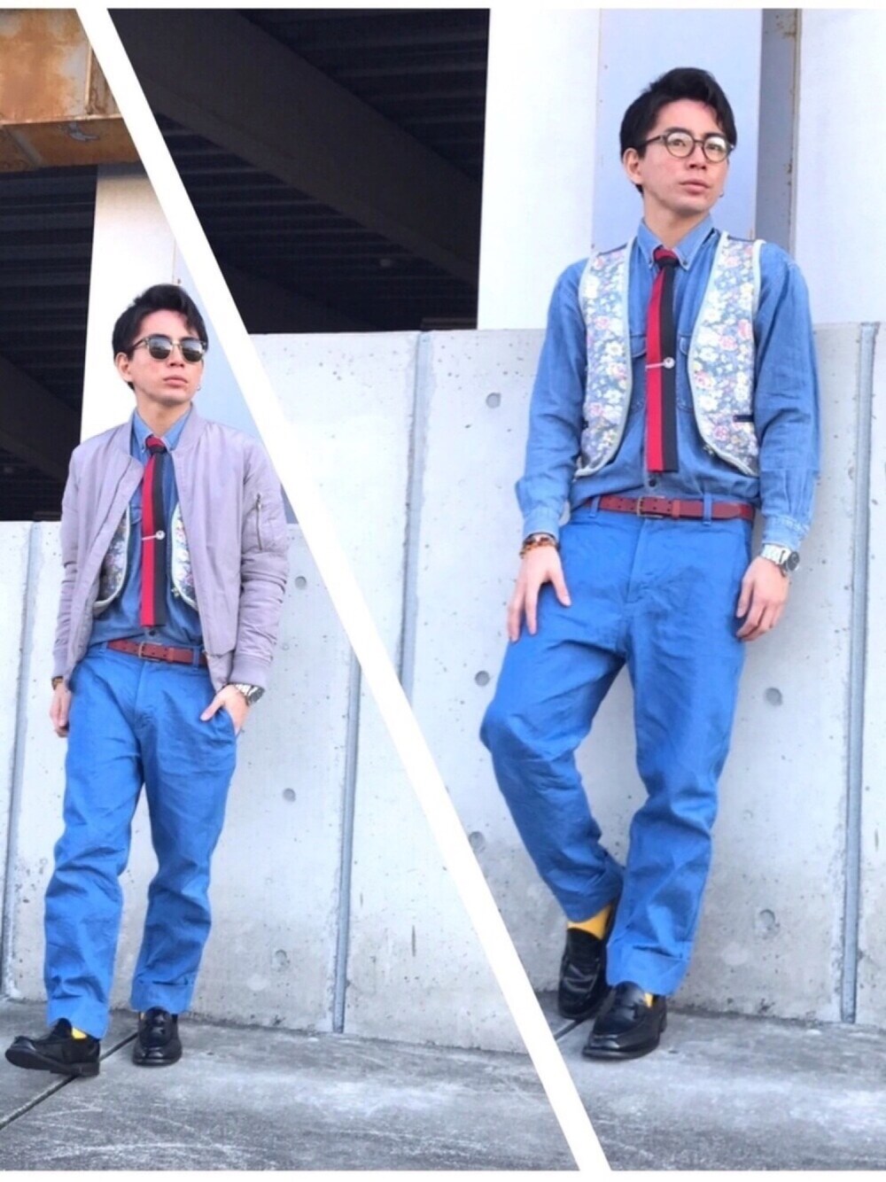 ブルー系のデニムパンツ、ブルー系のシャツ/ブラウス、ブラック系のネクタイを着用したメンズの冬コーディネートの1枚目の写真