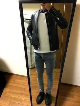 「大阪」｜「アイテム（ライダースジャケット）」を使った、アワビ王子さん（メンズ・180cm）の冬コーディネート