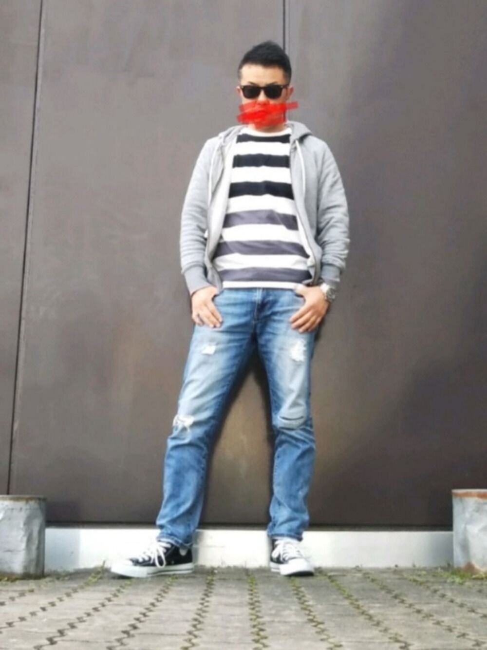 「コンバース、無印良品、プチプラ、チャオパニック、UNIQLO、ユナイテッドアローズ、united arrows、converse、ボーダー、はるコーデ」｜「無印良品のアイテム（スウェット、グレー系）」を使った、タイガーさん（メンズ・172cm）の春コーディネートの1枚目の写真