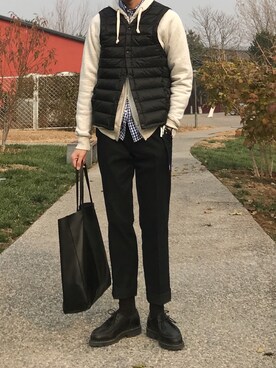 「417 EDIFICE（フォーワンセブンエディフィス）のアイテム（ダウンベスト）」を使った、Aruさん（メンズ・175cm）の春コーディネート