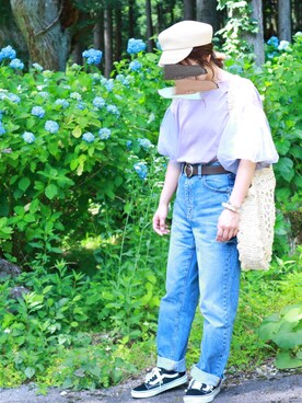 「LOWRYS FARM（ローリーズファーム）のブレードマリンキャスケット　780186 （キャスケット、ベージュ系）」を使った、mk*さん（レディース・154cm）の夏コーディネート