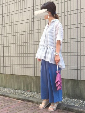 「KBF（ケイビーエフ）のWEB限定 シアーストライプシャツ（シャツ/ブラウス、ベージュ系）」を使った、mk*さん（レディース・154cm）の夏コーディネート